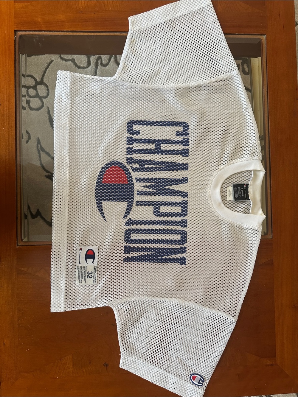 Champion White Jersey Mesh Crop Top with Navy & Red Logo